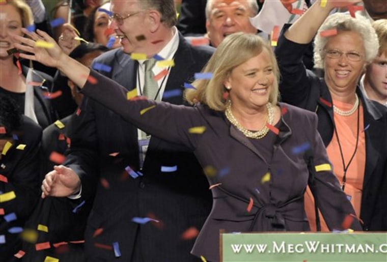 Republican gubernatorial candidate Meg Whitman celebrates after winning the Republican nomination for California governor during an election night gathering in Los Angeles, Tuesday, June 8, 2010. (AP Photo/Adam Lau)